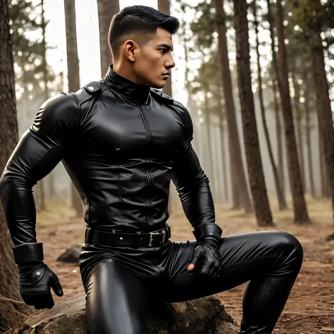 27years old, One Man,Muscular、Black bodysuit、black leather pants、Shocker Belt、 Black Gloves 、 black boots 、Combatant、Combat pose、 carrying a pistol around the waist、In the woods、Surrounding explosions and blast waves　 spread your legs　Unfold and sit。Gay、lo...