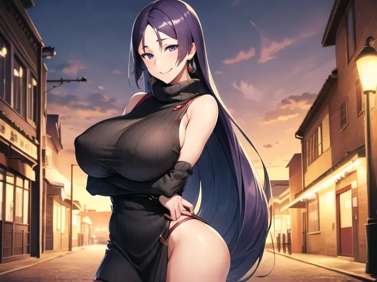 masterpiece, best quality, highres, hmmr1, minamoto no raikou (fate), sweater dress, sleeveless, jewelry, cowboy shot, standing, street, crossed arms,bigger boobs, bigger ass, eeoric smile