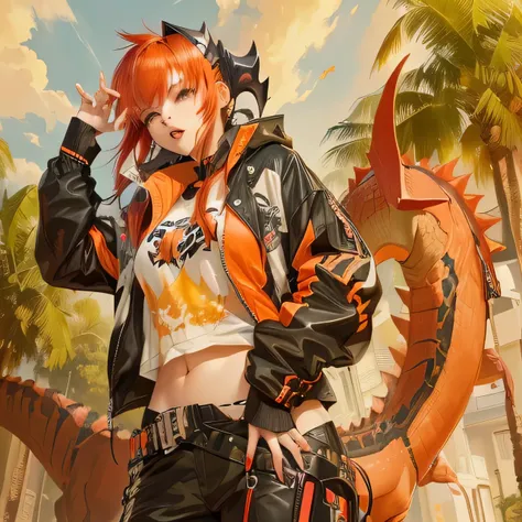 anime character with red orange hair, cool girl with half dinosaur, and have dinosaur tail and dinosaur fangs with black jacket 