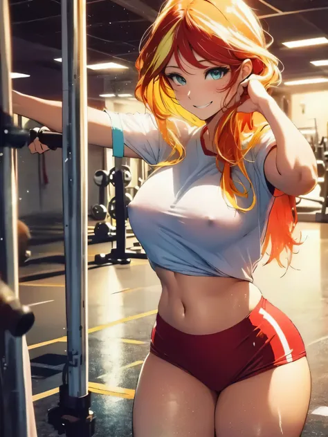 Sunsethuman, female, red and yellow hair, wavy hair, in a gym, wet shirt, no bra, smiling, blushing, underboob