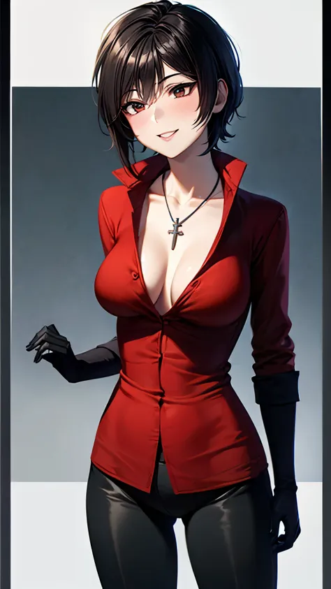 （ super quality, ultra high resolution with forest background,16k,super masterpiece,Ultra HD ,Detailed shading and background,）Photographing the upper body,Short, straight, black hair ,（A red shirt suit that has been unbuttoned, spread wide, and stood stra...