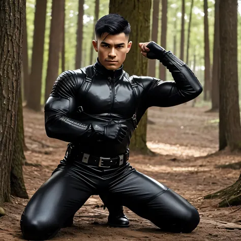 27years old, One Man,Muscular、Black bodysuit、black leather pants、Shocker Belt、 Black Gloves 、 black boots 、Combatant、Combat pose、 carrying a pistol around the waist、In the woods、Surrounding explosions and blast waves　 spread your legs　Unfold and sit。Gay、lo...