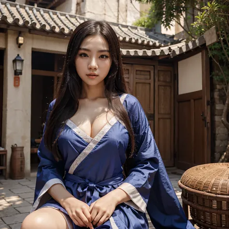 solo, chinese woman name "Qi Yue An", use mascara, long hair, ((breast cleavage:0.4)), upper body, beautiful cloth, outdoor