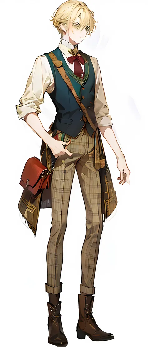 Man with blond hair and yellow-green eyes 、 English style vest with red bow tie、 brown boots