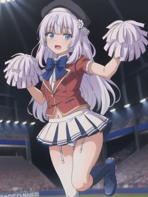 nsfw. Shes wearing a cheerleader costume with a cute design, and her miniskirt and bright bow are eye-catching. The background is a soccer stadium illuminated by the night sky, and the lighting creates a dramatic atmosphere. She is cheering in a pose with ...