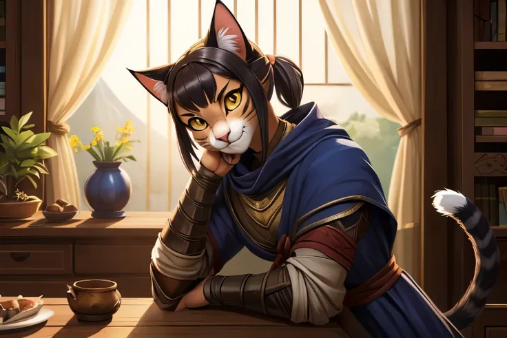 ((ultra quality)), ((tmasterpiece)), Girl-khajiit, Shinobi Girl, anthro cat, furry cat, ((there are only cat ears, no others)), ((there is a cat's short fluffy tail in its back)), ((Face Clean)), Beautiful cute face, beautiful female lips, charming bea...