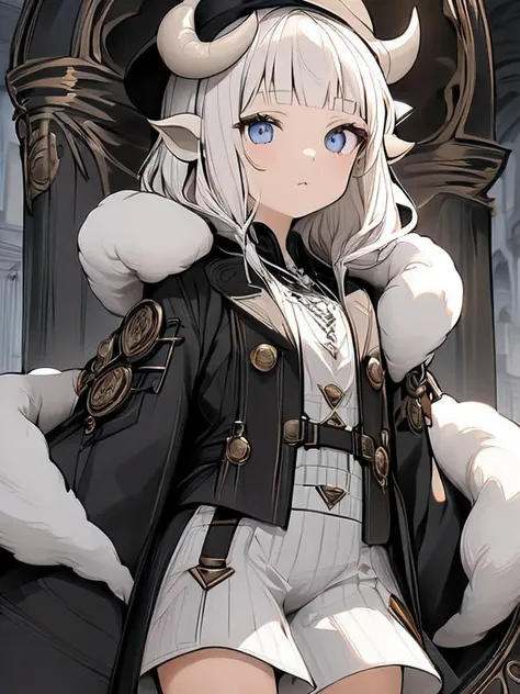 girl, long white hair with flat bangs at the front, has a white katana which has black diamond details on the hilt, the katana is on her back in an oblique position where the hilt is at the top right and the tip at the bottom left, wears a white fur shawl ...