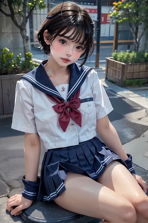 masterpiece,  best quality, 8k,  photorealistic,  high definition , 1 Female, Alone,  watch viewers, (  detail face ),(( sailor suit ))、Super beautiful girl、 erotic short hair、(( Mini Pleated Skirt))、Sitting、 Sexy Expression 、 realistic skin、Realistic Face...