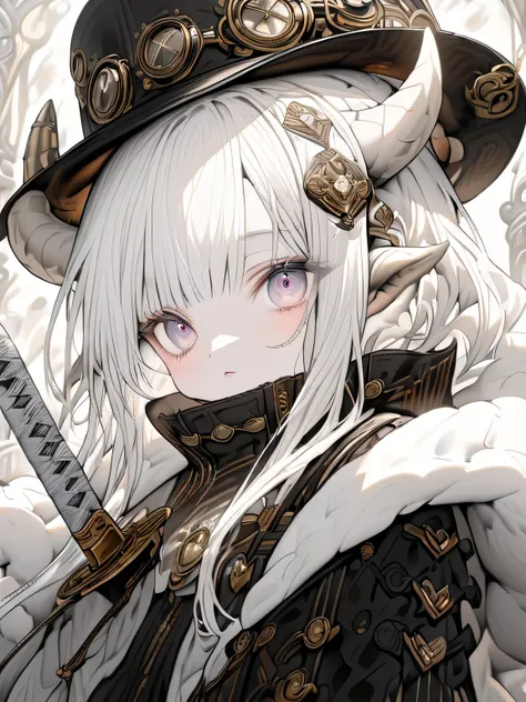 girl, long white hair with flat bangs at the front, has a white katana which has black diamond details on the hilt, the katana is on her back in an oblique position where the hilt is at the top right and the tip at the bottom left, wears a white fur shawl ...