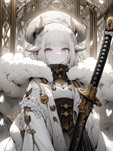 girl, long white hair with flat bangs at the front, has a white katana which has black diamond details on the hilt, the katana is on her back in an oblique position where the hilt is at the top right and the tip at the bottom left, wears a white fur shawl ...