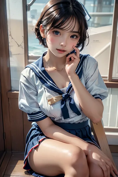 masterpiece,  best quality, 8k,  photorealistic,  high definition , 1 Female, Alone,  watch viewers, (  detail face ),(( sailor suit ))、Super beautiful girl、 erotic short hair、(( Mini Pleated Skirt))、Sitting、 Sexy Expression 、 realistic skin、Realistic Face...