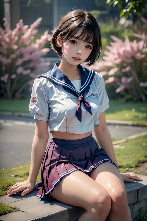 masterpiece,  best quality, 8k,  photorealistic,  high definition , 1 Female, Alone,  watch viewers, (  detail face ),(( sailor suit ))、Super beautiful girl、 erotic short hair、(( Mini Pleated Skirt))、Sitting、 Sexy Expression 、 realistic skin、Realistic Face...