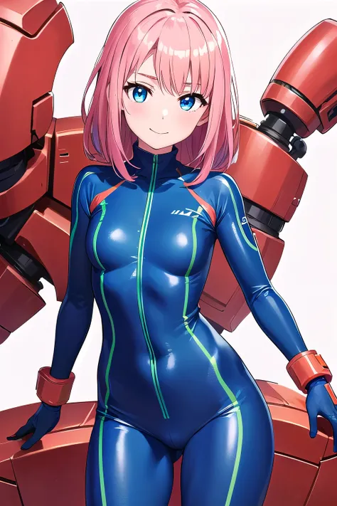 1girl,Samus aran,solo,blue eyes, pink hair, forehead hair, Rainbow bodysuit in red, orange, yellow, green, blue, white, indigo, and violet, paired with white sneakers, loose wavy hairstyle, smokey eye makeup, a sultry smile, standing in front of a luxuriou...