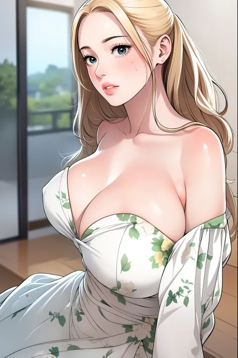 A single extremely beautiful cute woman, with gold blonde hair tied with a white ribbon, big green-blue hazel eyes, extremely fair white skin, plump red glossy lips, a perfect curvy yet slim-thin body, wearing a long modest white floral dress with spaghett...