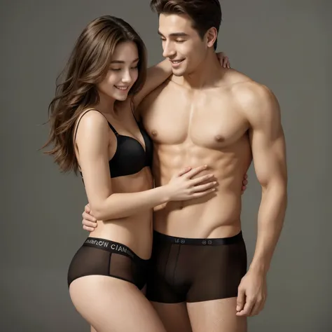   young woman with long brown hair、Woman in black underwear、 smile、Women face the front、Shirtless man、Man in black underwear 、Men and women hugging each other、２Only people