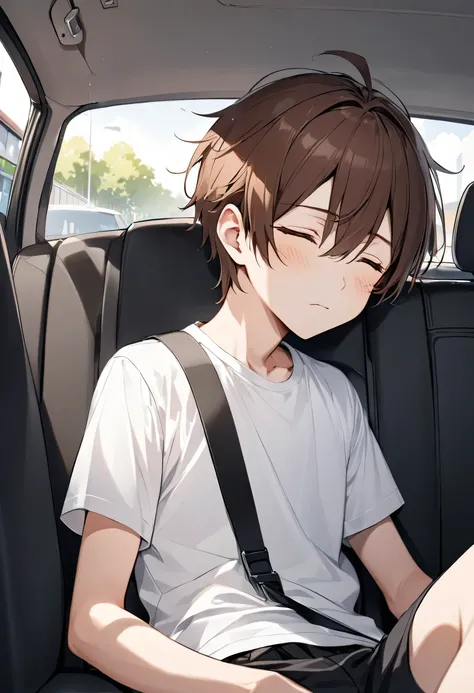  1 boy 、Brown hair medium、Droopy eyes、、Junior high school students、 plain white t-shirt without logo、 black shorts、Back seat of a car、 Im sleeping、