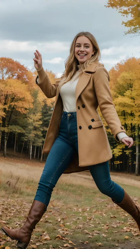  A woman named Lara Bauer in a  (autumnal forest ),  She is a 22-year-old woman ,  She has beautiful shoulder-length blond hair, (yellowish-blonde hair), (blonde small eyebrows),   bright grey-green eyes with great details  , straight hair, (square face: 1...