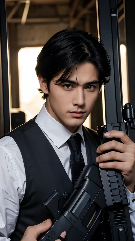 Handsome face , black hair, holding a machine gun,look at front