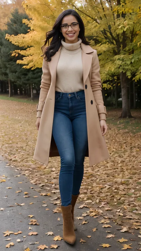  Adriana Morales is a beautiful young Spanish woman ,  beautiful rectangular face , She wears glasses,  subtle makeup, Soft skin, beautiful eyes, straight hair,  medium breasts , (She stands in the leaves in a thick beige-colored autumn coat,  legs crossed...