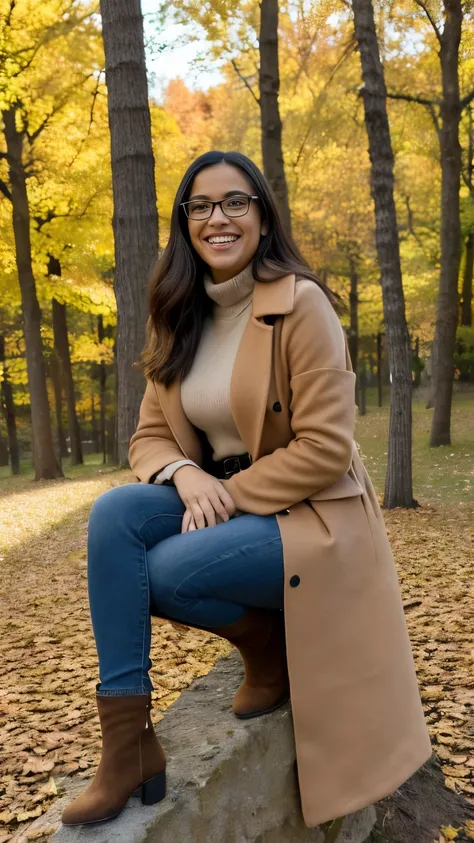  Adriana Morales is a beautiful young Spanish woman ,  beautiful rectangular face , She wears glasses,  subtle makeup, Soft skin, beautiful eyes, straight hair,  medium breasts , (She stands in the leaves in a thick beige-colored autumn coat,  legs crossed...