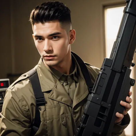 Handsome face , flat top hair, holding a machine gun,look at front