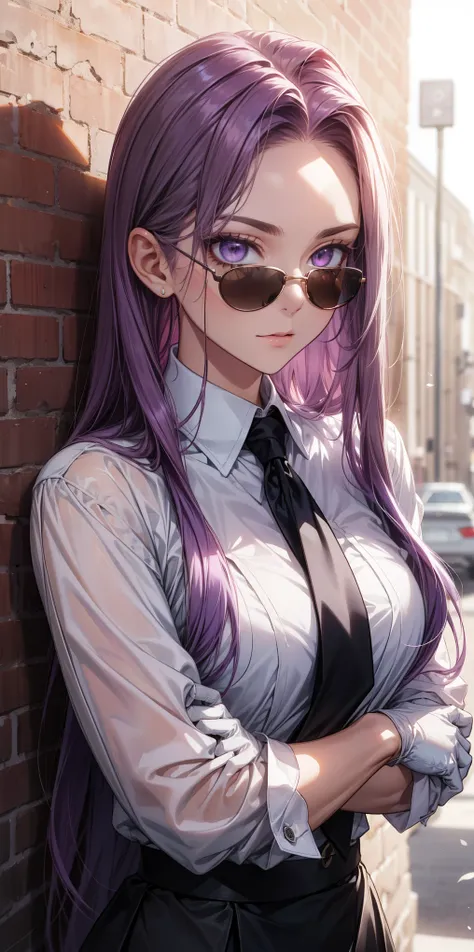 highest quality, masterpiece, high resolution,only {Black business suit:1.40} {tie:1.20} {sunglasses:1.25} {White gloves:1.15} { White shirt:1.10} {Black Skirt:1.15} good looking {Medusa_FGO:1.15} length_hair, purple_hair, very_length_hair, purple_eye, che...
