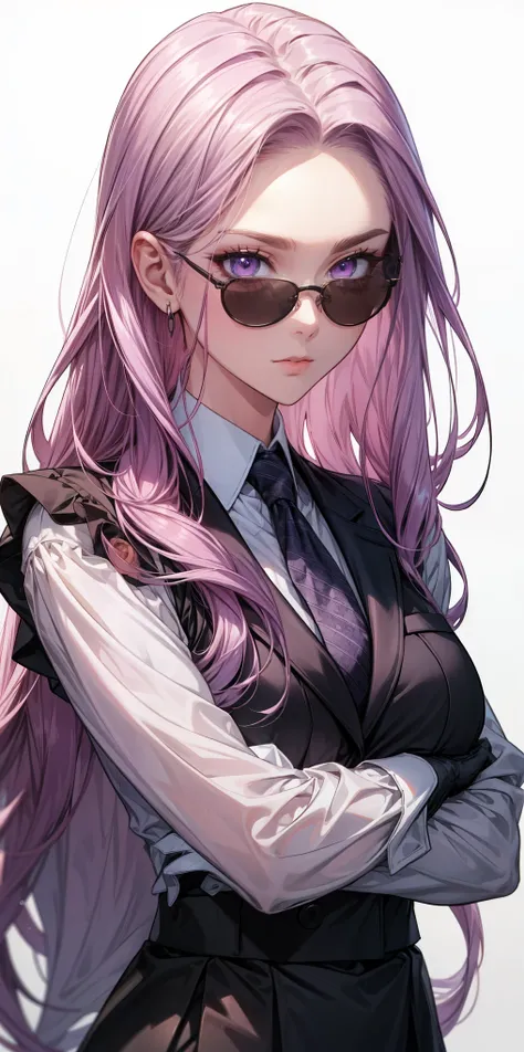 highest quality, masterpiece, high resolution,only {Black business suit:1.40} {tie:1.20} {sunglasses:1.25} {White gloves:1.15} { White shirt:1.10} {Black Skirt:1.15} good looking {Medusa_FGO:1.15} length_hair, purple_hair, very_length_hair, purple_eye, che...