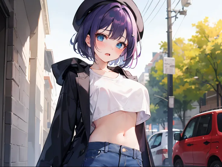 (blush, open mouth, embarrassed), 1 girl, upper body, (facing viewer, looking viewer), (blue eyes), ((sanpaku)), (purple hair, straight hair, very short hair, large breast), ((black beret, black coat, white crop top, denim skirt)), collarbone, (outdoor), S...