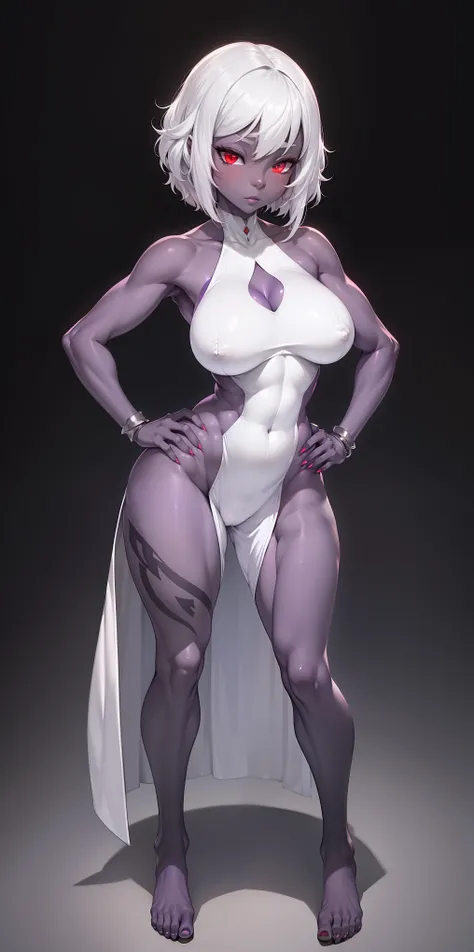 1solo Milf full body standing straight symmetrical, looking at viewer, hands on hips, colored skin, dark purple skin, white silver hair, red eyes.