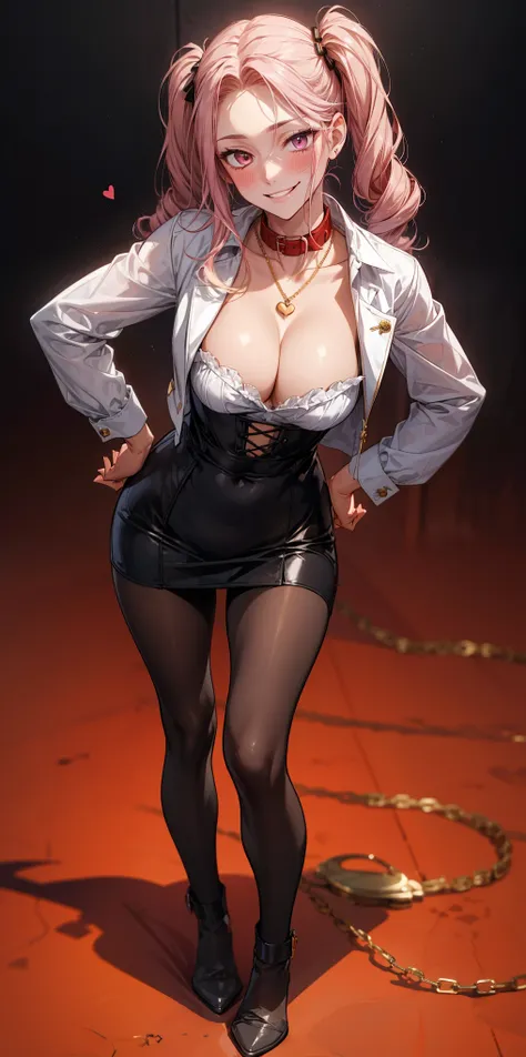 1solo Milf full body standing straight symmetrical, looking at viewer, hands on hips, twin drills twintails, striped pantyhose, golden handcuffs on their hands with a black leather collar around the golden heart necklace, hands on hips, lustful smirking sm...