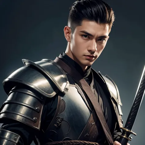 Handsome face , flat top hair, wearing an armor,holding a katana,look at front,background an enemies