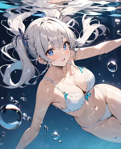 Swimming underwater in a pool, bra and thong, twin tail hair, bubbles, perfect body, best quality