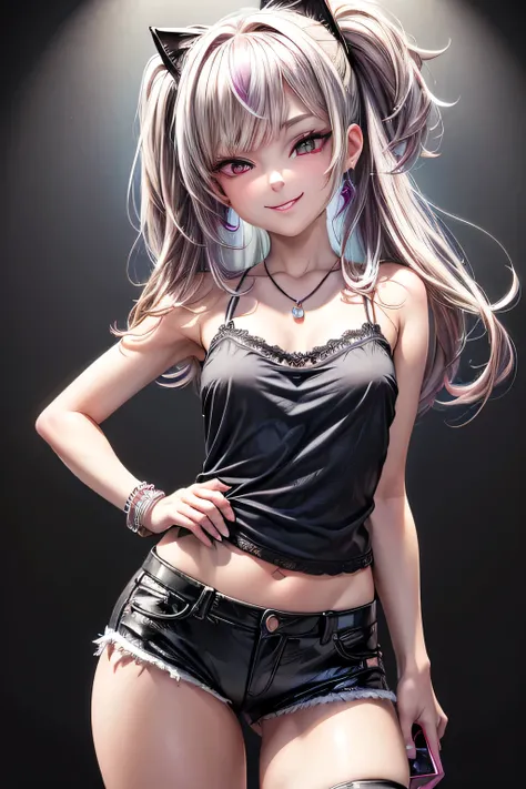 (kawaii), (evil valley girls), (under teen:1.4), (lace-trimmed camisole:1.2), (leather hot pants:1.2), (put on earrings, necklace, bracelet:1.2), (holding a smart_phone, on the phone:1.5), (cowboy shot), (jewelry), colorful, (anime face:1.2), (scornful smi...