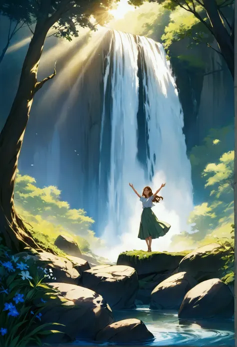 An ultra-detailed anime-style illustration depicting a serene natural landscape with a vibrant blue sky, scattered fluffy white clouds, and lush greenery. A cascading natural waterfall flows gracefully from a rocky cliff in the background, its clear water ...