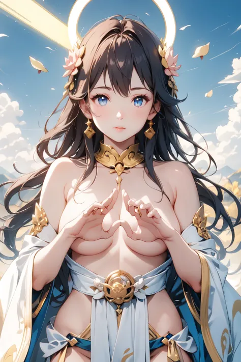 ((Top Quality)), ((Excellent)), (Detailed), ((Kannon Bodhisattva)), ((Japanese God of Salvation)), ((Paradise)), Goddess, cowbow shot, sunrise, ultra-realistic, stunning environment, bright colors, shiny hair, blunt bangs, ((Topless)), ((Half-body gold rob...