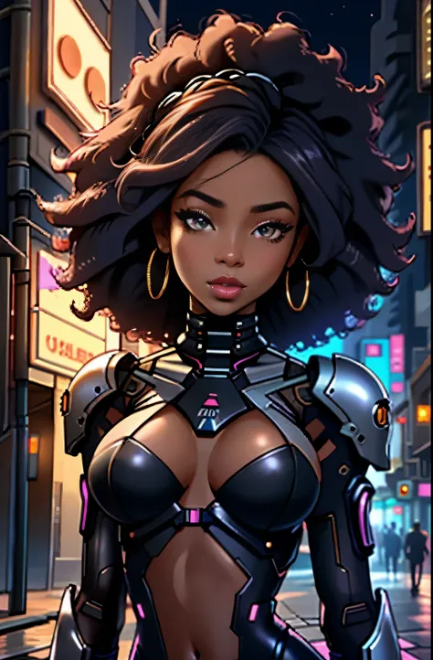 (( 1 African girl )), sharp focus:1.2, Stormi Maia, portrait, attractive woman, ( beautiful face :1.1),  detailed eyes, Delicious lips , EYELINER:1.2, Afro luxury hair :1.3,  perfect round breasts :1.0, cyberpunk,  A sidewalk in a cyber city: 1.2.  night l...