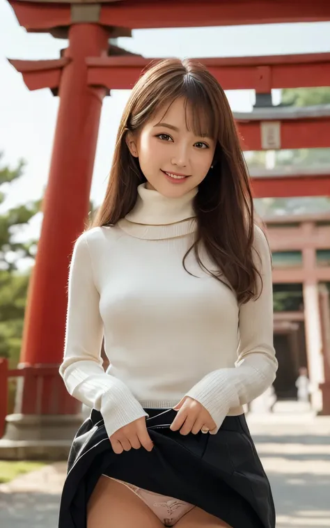 (High-resolution CG Unity 8K wallpaper, highest quality, ultra-definition, masterpiece, real, muffler, (turtleneck), brown miniskirt, (photoreal), high-resolution cute girl, 20 years old, (((Make the skirt yourself Please try to pull it up))), (Please put ...