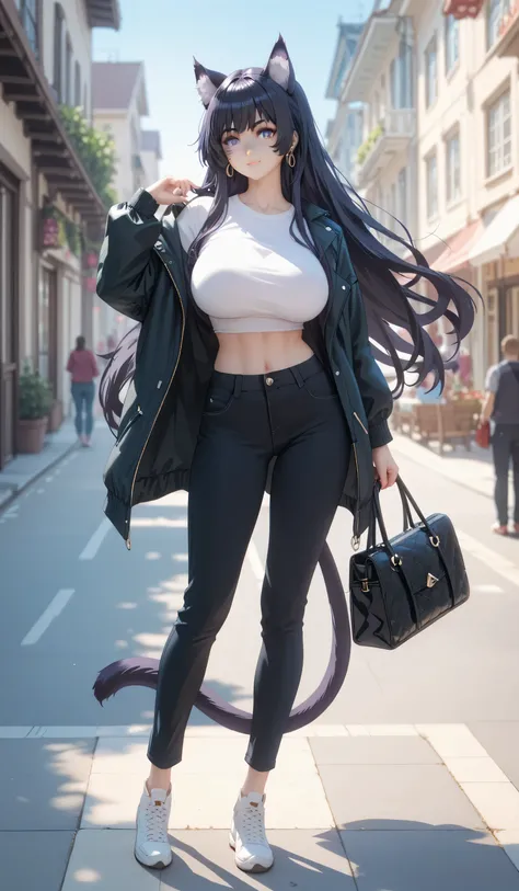 Tall girl, Fit girl,score_9, score_8_up, score_7_up, score_6_up, uncensored, delta, delta from eminence in shadow, long hair, black hair, animal ears, purple eyes, cat ears, animal ear fluff, facial mark,huge breast, tail fluff, 1girl, solo, long_hair, bag...