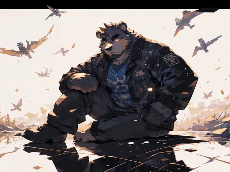 (masterpiece:1.2), best quality,pixiv,official art,perfect anatomy, (Ray tracing, light),solo, (1_male:1.3) , (muscle), (grey fur:1.4), (muscle bear), (beard:1.2), (gleaming golden eyes), bear tail, full body, Thick black eyebrows, bomber jacket,sweater in...