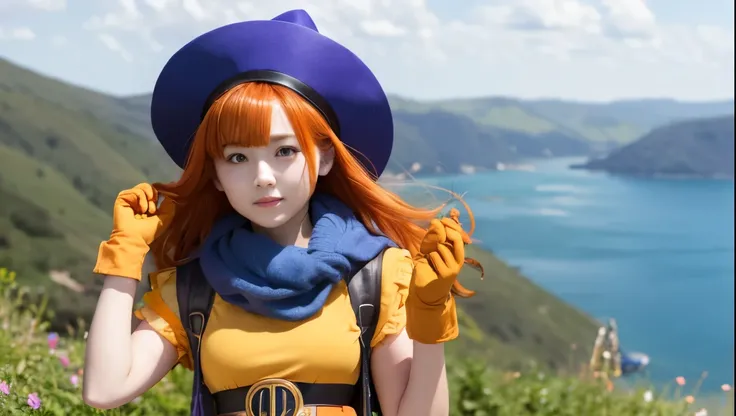 Girl、 has orange wavy hair and purple eyes。Wear a big blue hat、 also wears a blue cloak 。 serious expressions、Wears a yellow tunic 、 has a waist tightened with black tights and a belt 。 wears orange gloves on her hands 、 wears orange boots around her feet ...