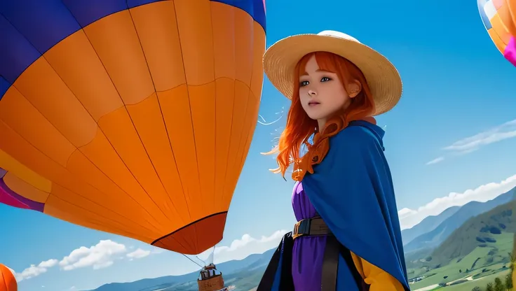 Girl、 has orange wavy hair and purple eyes。Wear a big blue hat、 also wears a blue cloak 。 serious expressions、Wears a yellow tunic 、 has a waist tightened with black tights and a belt 。 wears orange gloves on her hands 、 wears orange boots around her feet ...