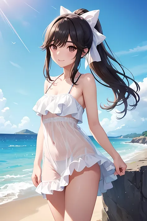 this is a very sexy lady in a very small Bikini on top of the beach, Alone, swimsuit, Bikini, beach, 
 shiny brown long hair、  ribbon ponytail、  beautiful brown eyes 、smile、Sparkling Eyes, (fine grain)、  very detailed eyes、  highly detailed face in pale bl...