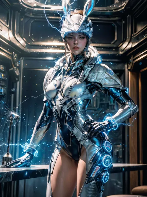 ((Masterpiece)), (high resolution:1.4),(bunny from the First Decendant) looking at viewer, (futuristic interior:1.5), beautiful face revealed, highly detailed skin, skin pores, (highly detailed face:1.1), (highly detailed eyes:1.1), realistic pupils, full ...