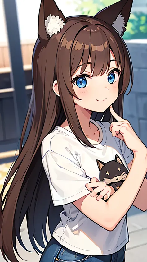 １ adult girls by hand , beautiful eyes , blue eyes, animal ears , fox ear,Brown Hair,smile, is closing its eyes, long hair, white t-shirt , jeans,Im bothering with both hands,