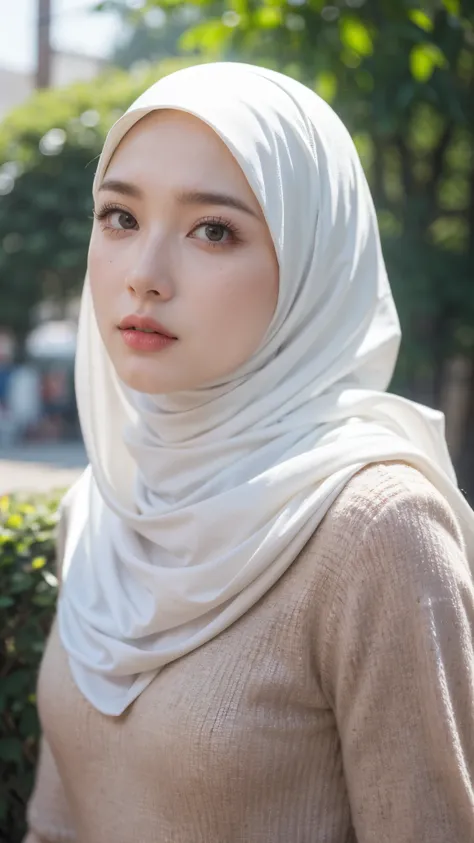 , photorealistic, woman, 1girl, mature female, (hijab, white hijab:1.2) , casual colorful outfit, medium , professional lighting, dramatic lighting, medium close shot, (serious expression), emotionless, looking to viewer, outdoor, depth of field,