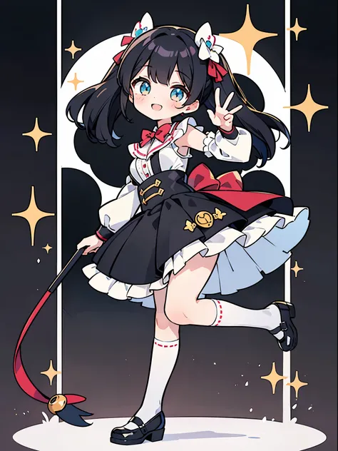 girl, ((change)), Medium Hair , (( small breasts)), short skirt , black hair、 half twin tails, Cute, white kneehighs, Cheerful smile, LOOK AT THE VIEWERS , Uwaba kitting ), whole body、Sparkling idol costumes、microphone、 posing、Im wearing a piece on th...