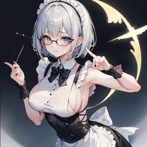 (masterpiece), (              best quality), (           super detailed),    Slender woman 、、(((Big Breasts、  Maid Wearing Glasses     、    Black Maid Outfit 、    Sleeveless Maid Outfit    、       white apron dress 、           black stockings     、        ...