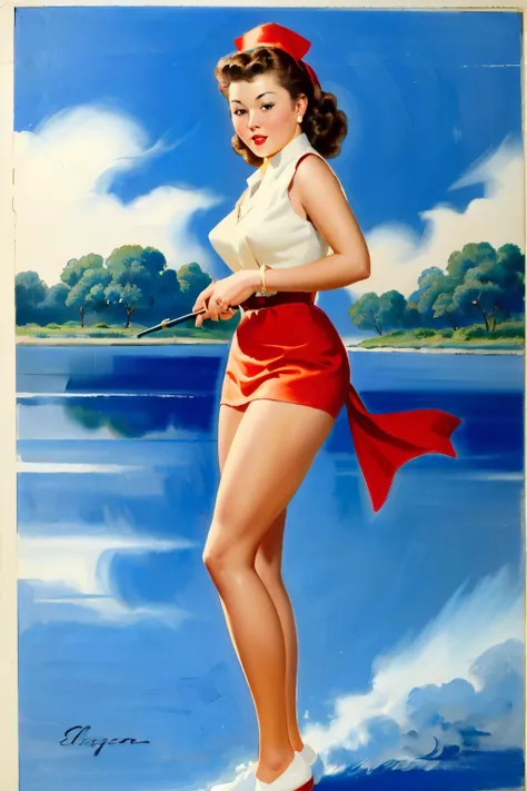 1950年代of水彩画, Pen and ink, レトロなファッションof25歳ofマリリン・モンロー,  pin-up style ,  full body shot , 田舎暮らしof描写,  light grey and light brown and red and white and blue , 古典的なアメリカーナofスタイルで,  mottled pattern, 遊び心ofある無邪気さ, point々of, 白い背景からofカットアウト, ノーマン・ロックウェルofスタイルで, Mast...