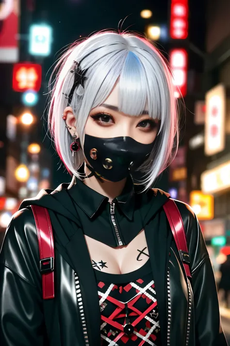 Black and red mesh hair、Goth_punk,  one girl , solo, Mid Shot, Walking around Harajuku, ((at night)),  bokeh depth of field ,  neon light, Rainbow Eyes,  starry sky , White shiny hair, White eyebrows, Shiny Hair, (Rainbow-colored white hair),  earrings for...