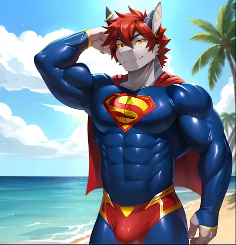 High resolution, masterpiece, high resolution texture, beautiful light, correct anatomy, (masterpiece, 4k resoolution), solo, anthro, (cute: 1.1), twink, (shark: 1.1), (grey skin: 1.2), white jaw, red hair, (clear detailed yellow eyes: 1.1), handsome eyes,...